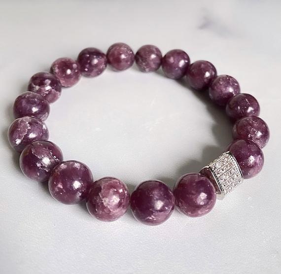 Lepidolite Gemstone Bracelet/ Purple/ Gemstone/ Micro Pave/ Bracelet