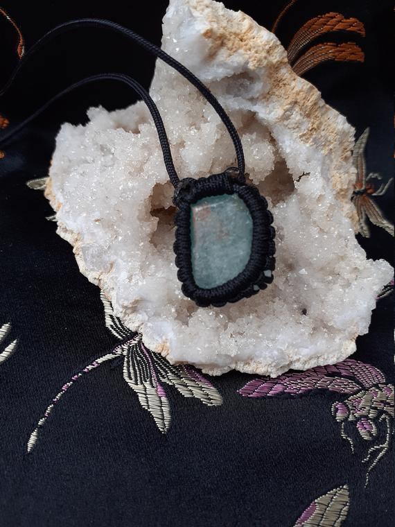 Macramé Wrapped Raw Blue Calcite Crystal Necklace