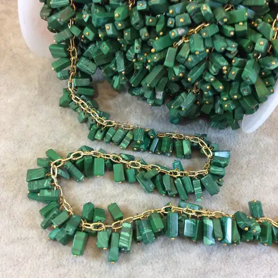 Gold Plated Copper Double Dangle Rosary Chain With 8-10mm Rectangle Shaped Syn. Grass Malachite Beads - Sold By The Foot Only - Beaded Chain