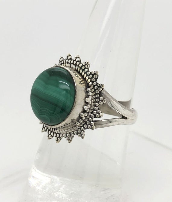 Malachite Gemstone Ring, Round Shape, Handmade Ring, 925 Sterling Silver Jewelry, Gift For Her, Boho Jewelry, Silver Ring, R 46