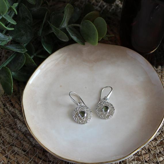Moldavite Earring, Crown Chakra Earring, Silver Moldavite Earring, Sterling Silver, Flower Drop Dangle Earrings, Dainty Floral Earring, Gift