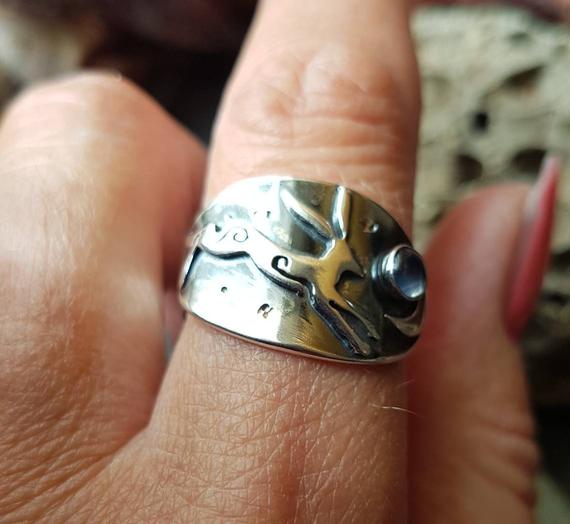 Silver Moon And Hare Ring With Moonstone  , Leaping Hare Saddle Ring With Crescent Moon And Stars