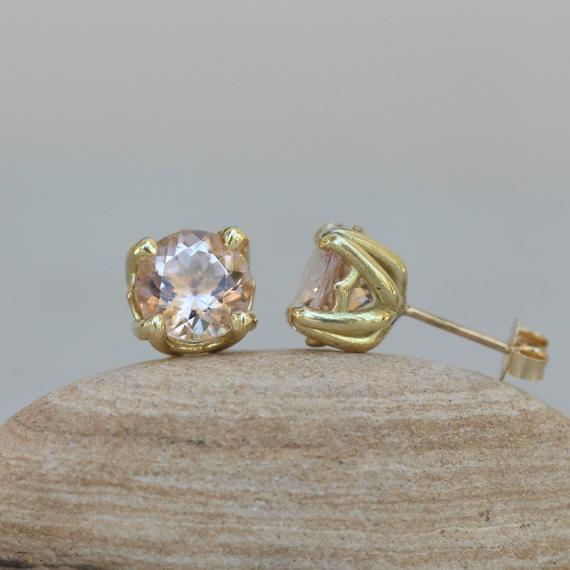 Round Morganite Earrings With Lily Flower Petal Prongs, Solitaire, Lifetime Care Plan Included, Genuine Gems And Diamonds Ls6286