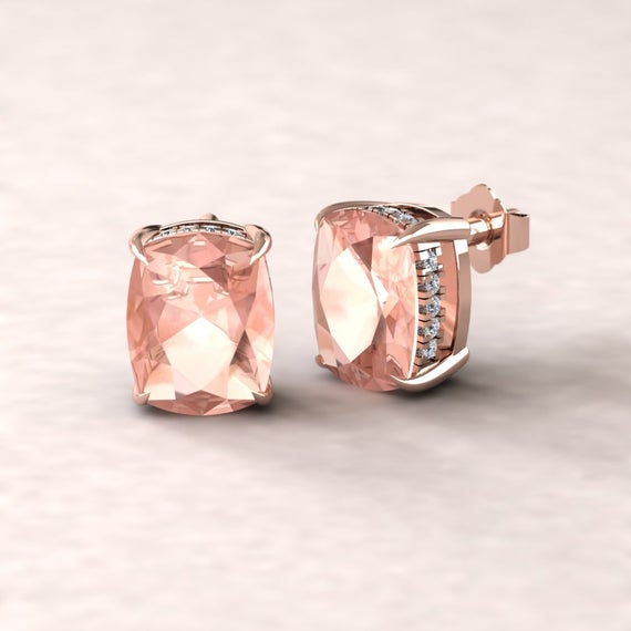 Cushion Solitaire Morganite Earrings With Diamond Halo And Fang Prongs, Lifetime Care Plan Included, Genuine Gems And Diamonds Ls5749