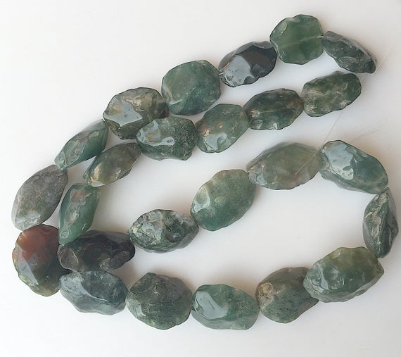 Moss Agate Beads, Natural Hammered Rough Agate Gemstone Beads, 20-22mm Approx, 20 Inch Strand, Sku-rg22