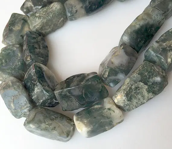 Raw Moss Agate Beads, Natural Hammered Rough Agate Gemstone Beads, 20mm Approx, 20 Inch Strand, Sku-rg20