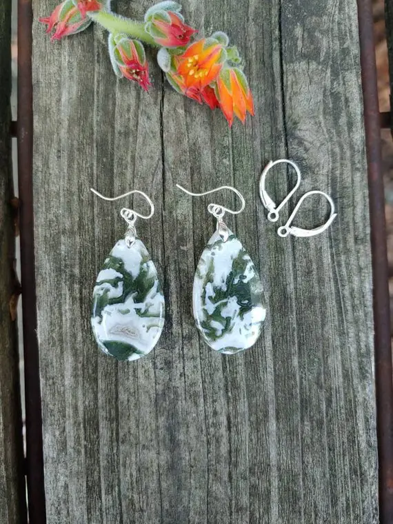 Silver Moss Agate Earrings.  Unique Green Earrings