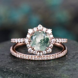 Shop Moss Agate Jewelry! 2pcs round moss agate engagement ring set rose gold moissanite halo ring women matching stacking diamond wedding band moss agate bridal set | Natural genuine Moss Agate jewelry. Buy handcrafted artisan wedding jewelry.  Unique handmade bridal jewelry gift ideas. #jewelry #beadedjewelry #gift #crystaljewelry #shopping #handmadejewelry #wedding #bridal #jewelry #affiliate #ad