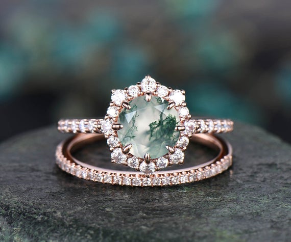 2pcs Round Moss Agate Engagement Ring Set Rose Gold Moissanite Halo Ring Women Matching Stacking Diamond Wedding Band Moss Agate Bridal Set