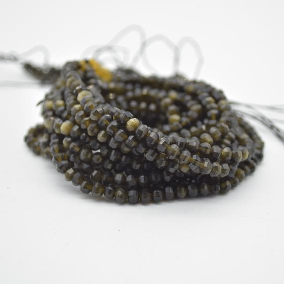 Golden Sheen Obsidian Faceted Lantern Style Round Beads - 3mm - 15" Strand - Natural Semi-precious Gemstone