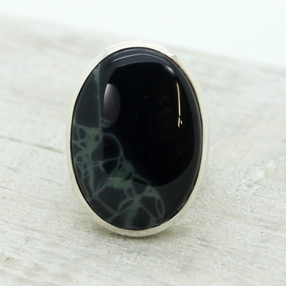 Black Spiderweb Obsidian Ring Simple Oval Shape Cab Set On Sterling Silver 925 Quality Natural Obsidian Stone
