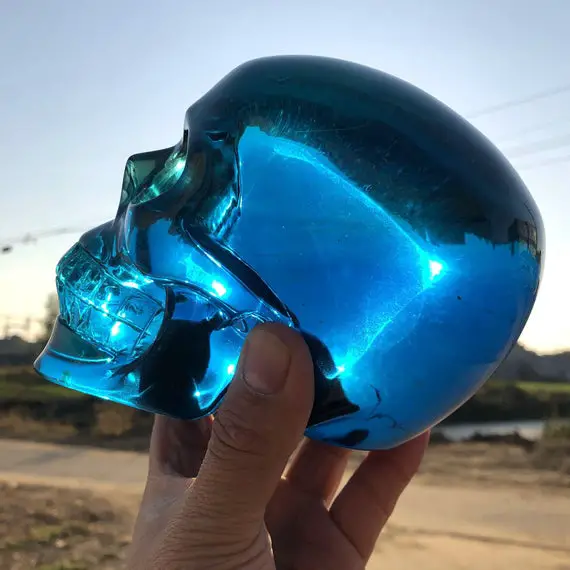6.38"dark Blue Smelt Crystal Skull,stunning Big Crystal Skull,human Made Metaphysical Gemstone,master Hand Carving Skull Home Decor 6.6lb