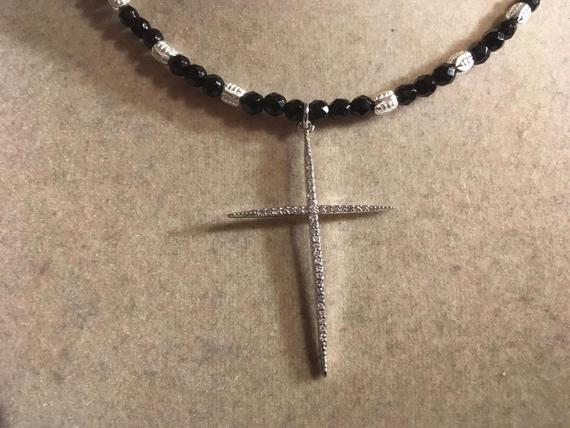 Black Onyx Necklace - Gemstone Jewelry - Beaded - Sterling Silver Jewellery - Cross Cz Pendant - Long