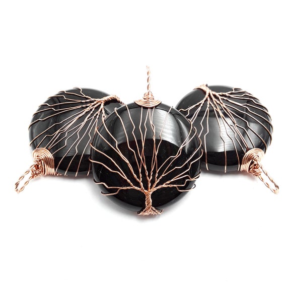 Black Onyx Tree Pendant Copper Wire Wrap Round Size 40mm Sold Per Piece