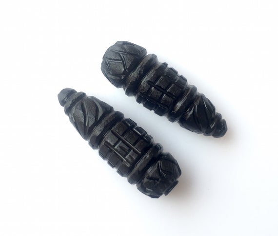 Rare Drop Hand Carved Black Onyx Carvings , Stone Carvings, Black Gemstone Carvings, Matched Pairs, 31x11mm - Sku C30