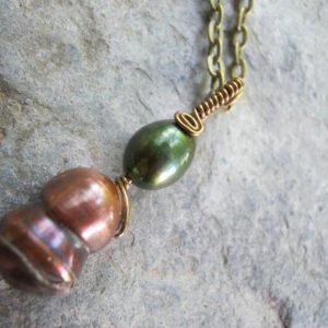 Freshwater Pearl Necklace, Brown & Green Raw Pearl Necklace, Antiqued Bronze Wire Wrapped Necklace, Choose Your Length, Wedding FPB1