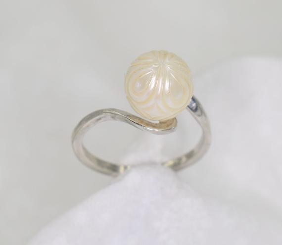 Galatea Pearl Ring, Carved White Freshwater Pearl 9 To 9.5 Mm Ring, Hand Carved, 925 Sterling Silver Mount