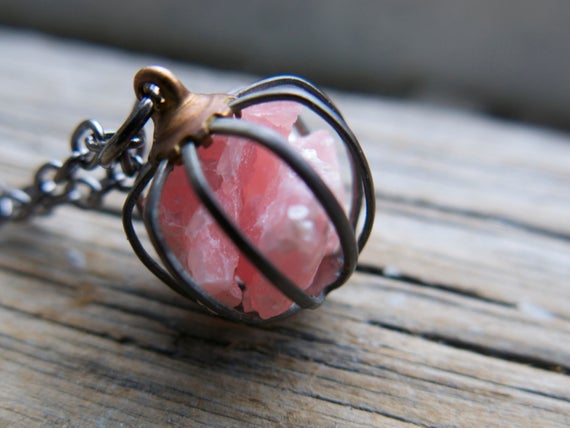 Pink Rhodochrosite Necklace, Mom Gemstone Girlfriend Wife, Mother's Day Gift Jewelry Pastel Raw Crystal Trend Love Birthstone Cage Pendant