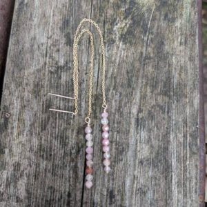 Stacked rose quartz threader earrings. Pink earrings.  Silver, gold filled and rose gold filled available | Natural genuine Array earrings. Buy crystal jewelry, handmade handcrafted artisan jewelry for women.  Unique handmade gift ideas. #jewelry #beadedearrings #beadedjewelry #gift #shopping #handmadejewelry #fashion #style #product #earrings #affiliate #ad