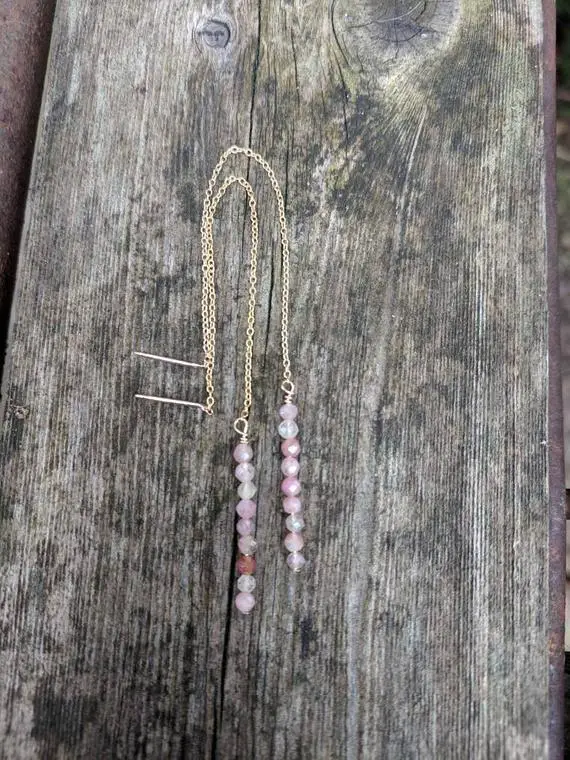 Stacked Rose Quartz Threader Earrings. Pink Earrings.  Silver, Gold Filled And Rose Gold Filled Available