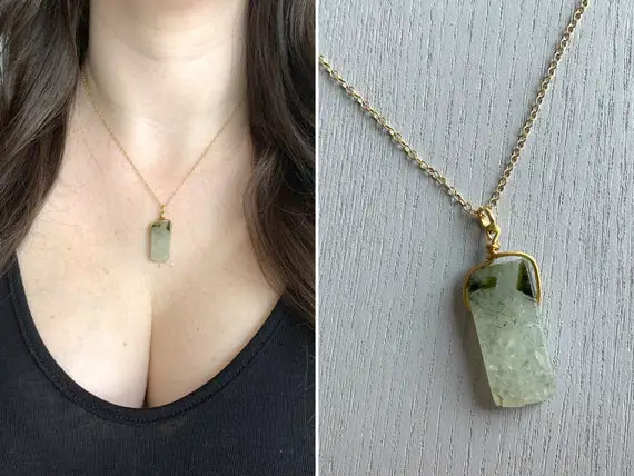 Green Prehnite Necklace, Raw Crystal Necklace Gold, Prehnite Jewelry, Raw Prehnite Crystal Necklace, Green Crystal Pendant Necklace Silver