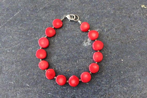 Red Coral Bracelet, Red Coral Coin Beaded Bracelet, Pyrite, Red Coral Statement Jewelry, Antique Silver, Coral Jewelry, Red Bracelet