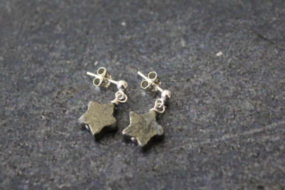 Pyrite Star Post Earrings, Pyrite Earrings, Pyrite Jewelry, Pyrite Star Jewelry, Sterling Silver, Dangle Star Earrings, Celestial Earrings
