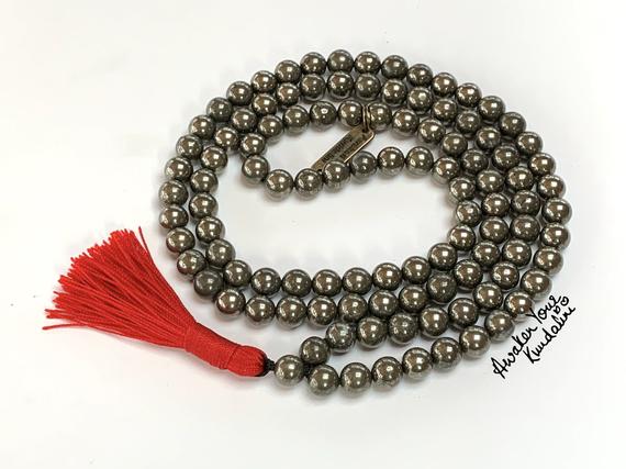 108 Mala Beads Pyrite Mala Necklace, Aaa Golden Pyrite Beads For Energy Protection Healing Meditation Grounding Tassel Necklace