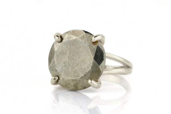 Pyrite Ring In Silver · Round Cocktail Gem Ring · Round Cut Pyrite Ring · Semiprecious Ring · Large Prong Ring · Pyrite Iron Ring