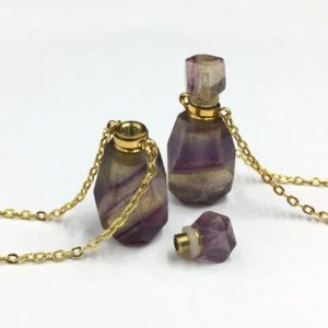 Faceted Fluorite Perfume Bottle Pendant Necklace Rainbow Fluorite Essential Oil Diffuser Bottle Pendant Gemstone Crystal Scent Bottle