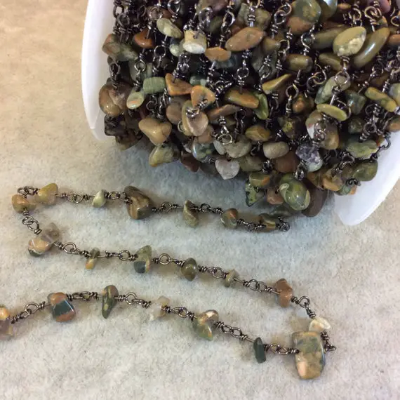 Gunmetal Plated Copper Rosary Chain With 4-8mm Rhyolite Chip Beads - Sold By The Foot, Or In Bulk! - Natural Semi-precious Beaded Chain