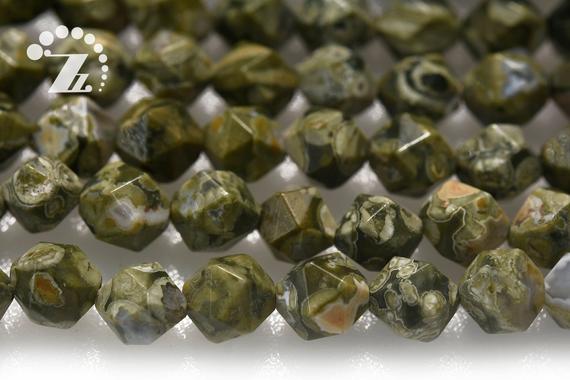Rainforest,rhyolite Jasper,faceted Nugget Star Cut Bead,diamond Cut Bead,nugget Beads,natural,gemstone,green Rainforest,10mm,15" Full Strand