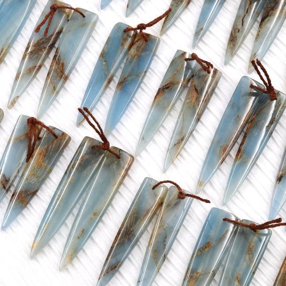Rare Natural Argentina Lemurian Aquatine Blue Calcite Earring Pairs Cabochon Cab Dagger Long Triangle Shape Drilled Matched Bead