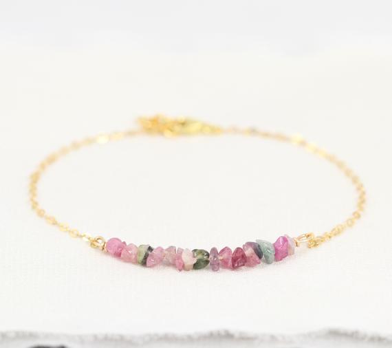 Raw Watermelon Tourmaline Bracelet, October Birthstone Jewelry, Gold, Sterling Silver Or Rose Gold, Pink Green, Variagated, Multicolored