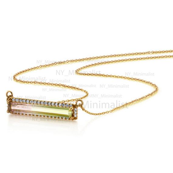 Natural Baguette Watermelon Tourmaline Diamond Halo Necklace/ Solid 14k Yellow Gold Necklace/ Cocktail Jewelry Gift For Her