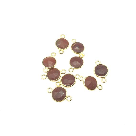 Red Jasper Bezel | Gold Plated Faceted Natural Coin Shaped Bezel Connector - Measuring 8mm X 8mm - Sold Individually, Chosen Randomly