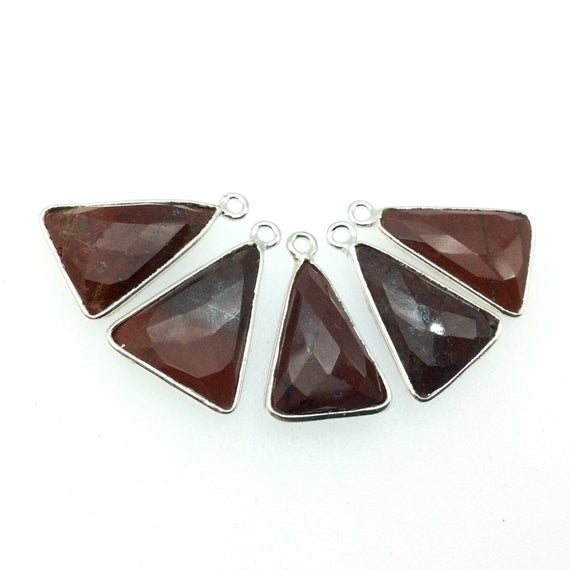 Silver Finish Faceted Red Jasper Triangle Shaped Bezel Pendant Component - Measuring 12mm X 16mm - Natural Semi-precious Gemstone