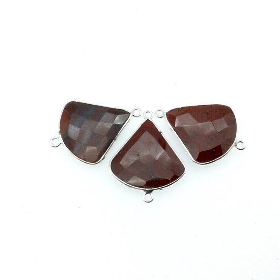 Silver Finish Faceted Red Jasper Fan Shaped Bezel Connector Component - Measuring 22mm X 22mm - Natural Semi-precious Gemstone