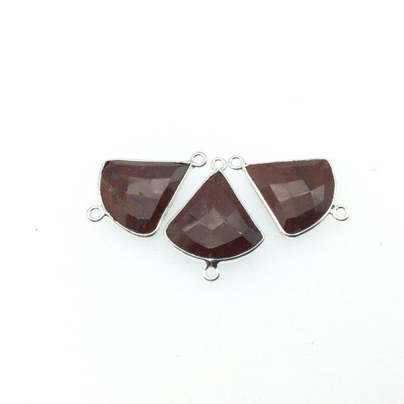 Silver Finish Faceted Red Jasper Fan Shaped Bezel Connector Component - Measuring 18-20mm X 18-20mm - Natural Semi-precious Gemstone
