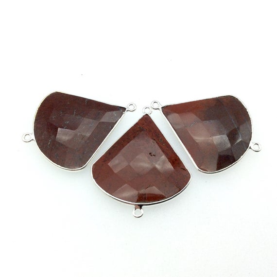 Silver Finish Faceted Red Jasper Fan Shaped Bezel Connector Component - Measuring 30mm X 30mm - Natural Semi-precious Gemstone