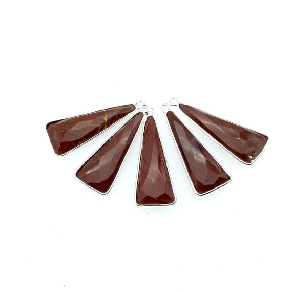 Silver Finish Faceted Red Jasper Long Triangle Shaped Bezel Pendant Component - Measuring 12mm X 30mm - Natural Semi-precious Gemstone