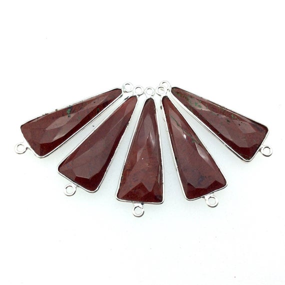 Silver Finish Faceted Red Jasper Long Triangle Shaped Bezel Connector Component - Measuring 12mm X 30mm - Natural Semi-precious Gemstone