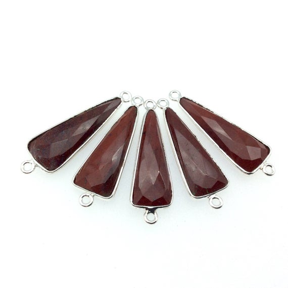 Silver Finish Faceted Red Jasper Long Triangle Shaped Bezel Connector Component - Measuring 10mm X 25mm - Natural Semi-precious Gemstone