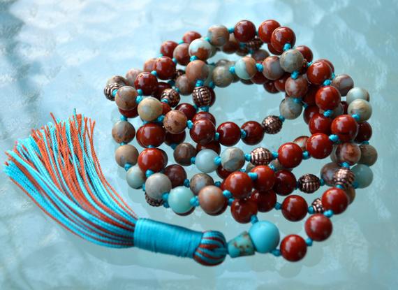 108 Mala Necklace, Buddhist Prayer Bead, Japa Mala Beads, Red Jasper & Aqua Terra For Spirituality, Deepening Meditation Practice And De
