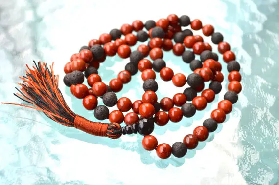 Basalt Lava And Red Jasper Mala Necklace With Lava Beads - Grounding Crystal Jewelry For Meditation And Chakra Balancing