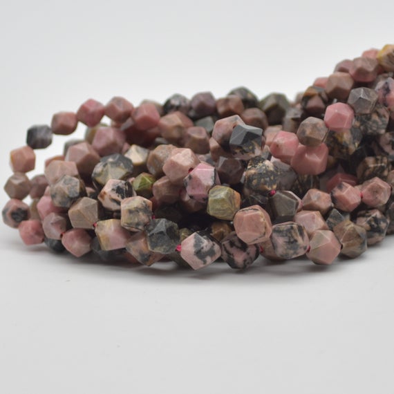 Rhodonite Star Cut Faceted Round  Beads - 6mm, 8mm Sizes - 15" Strand - Natural Semi-precious Gemstone