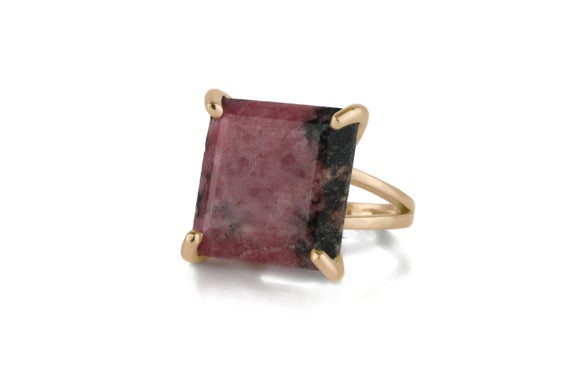 14k Rose Gold Rhodonite Ring · Square Gemstone Ring · Gold Semiprecious Ring · Ring For Birthdays · Statement Ring · Anniversary Gift