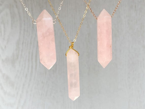 Rose Quartz Necklace Valentines Day Gift For Girlfriend Wife Pink Gemstone Necklace, Wire Wrapped Small Pink Crystal Necklace Silver Or Gold