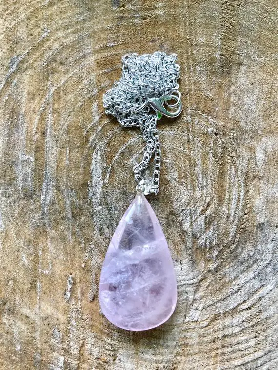 Rose Quartz Tear Drop Pendant Necklace | Pink Gemstone Jewelry Crystal | Chain Included