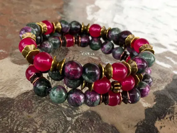 Anyolite Green Ruby Zoisite Fuchsite Beaded Healing Bracelet July Birthstone Ruby To Enhance The Connection Between Your Brain & Your Heart
